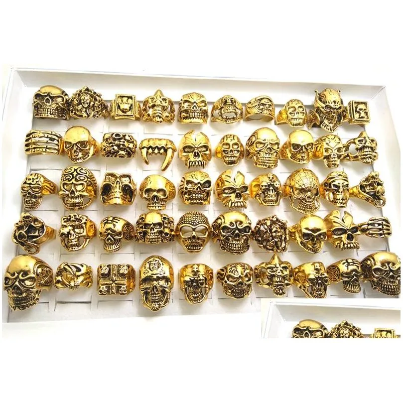 50pcs top mix gold big skull skeleton gothic rings men`s biker punk rings wholesale fashoin jewelry lots