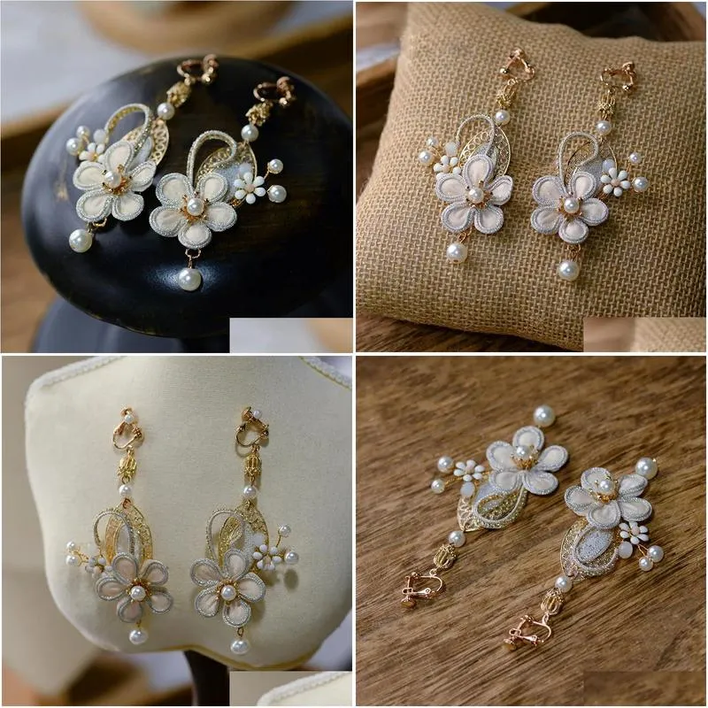 Charm Retro European Handmade Evening Long Earrings Rhinestone Clips Prom Hair Jewelry