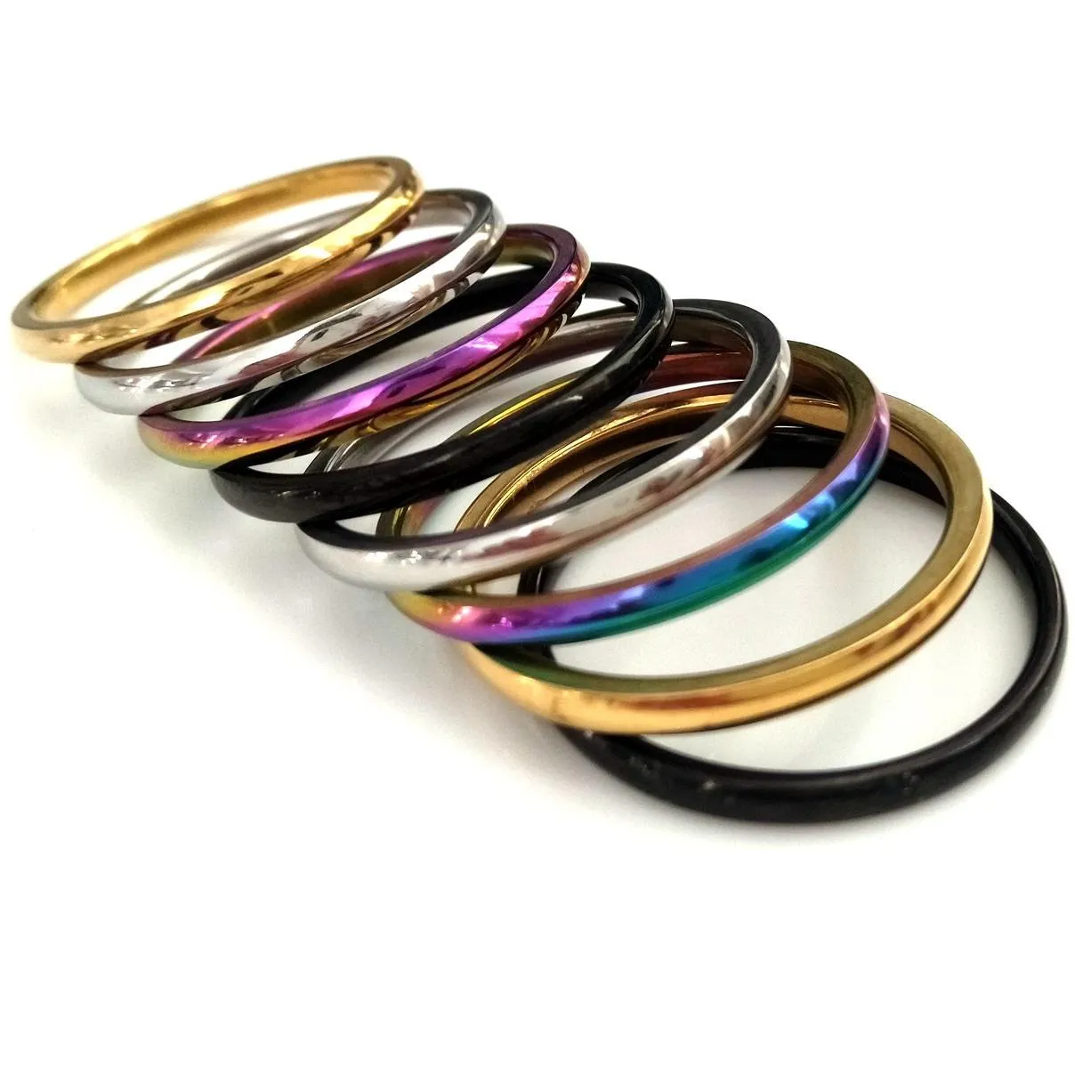 50pcs width 2mm gold/silver/black/rainbow mix stainless steel band ring comfort-fit wedding engagement classic ring unisex jewelry
