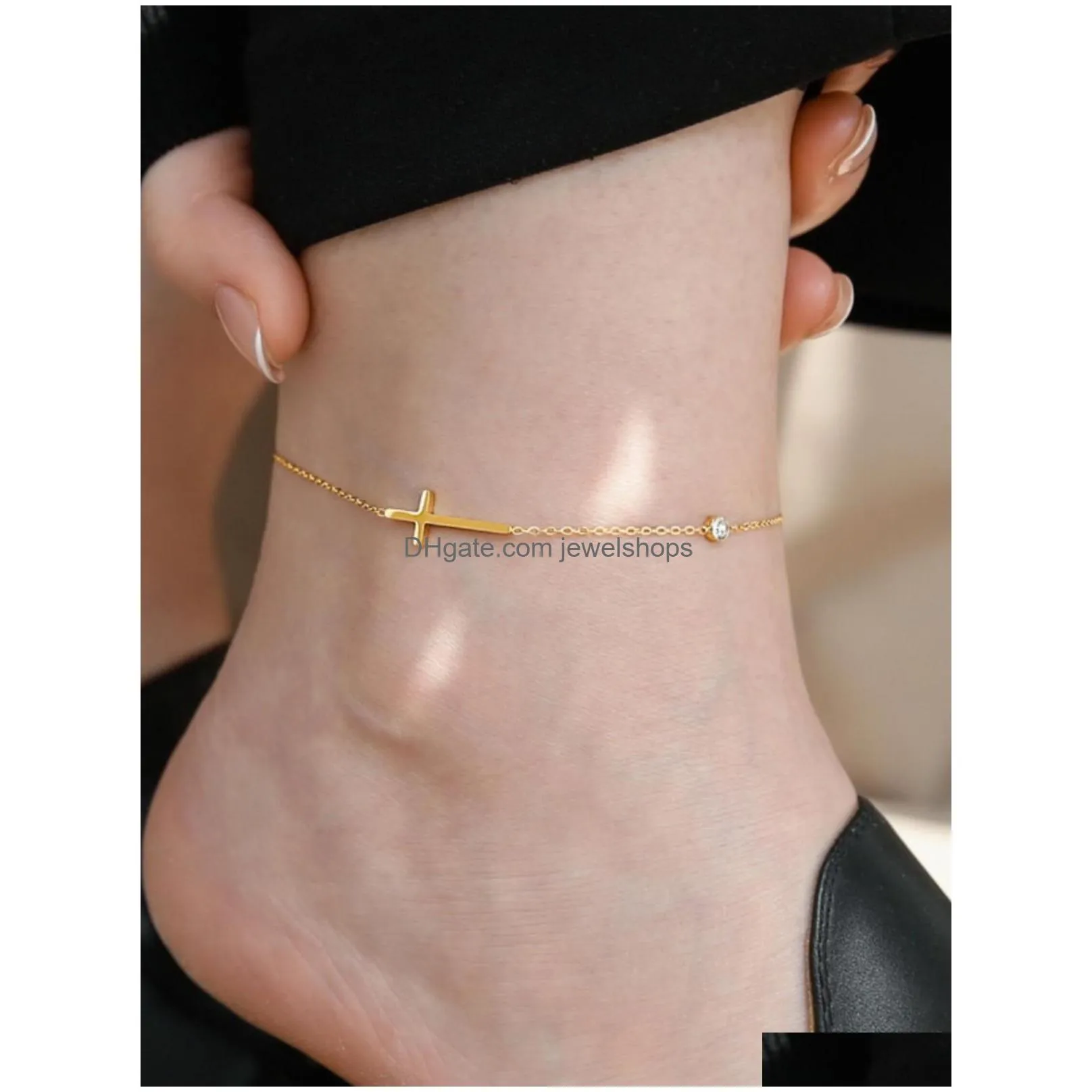 ins 18k gold cross crystal anklet chain for womens summer jewelry