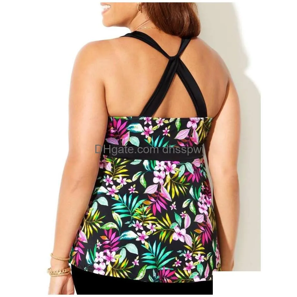 2024 split womens belly covering conservative slimming v-neck printed tankini swimsuit