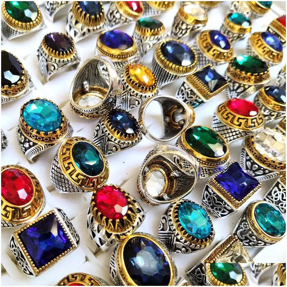 wholeseale lots 20pcs/lot luxury crystal stone silver gold charm ring men women vintage silver alloy zircon rings colorful wedding engagement