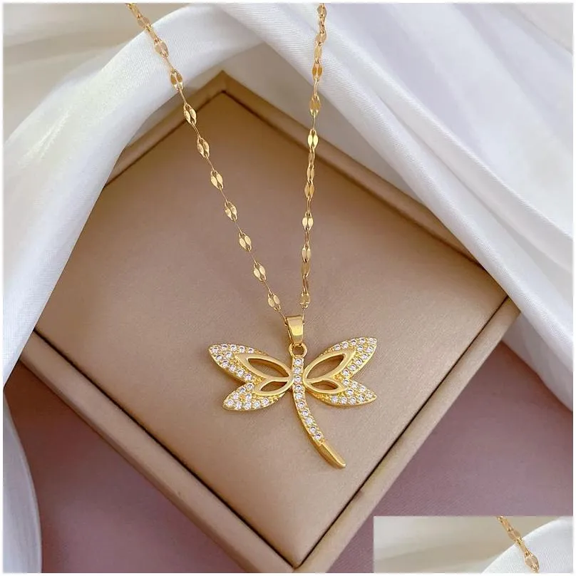 dragonfly pendants necklace jewelry accessories for elegant women luxurious short clavicle chain gifts 316l stainless steel