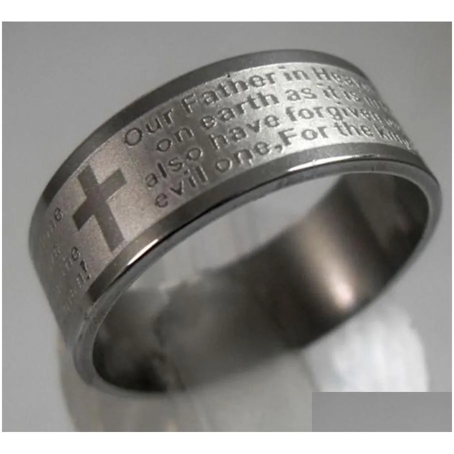 25pcs etched silver mens english lord`s prayer stainless steel cross rings religious rings men`s gift wholesale jewelry lots free