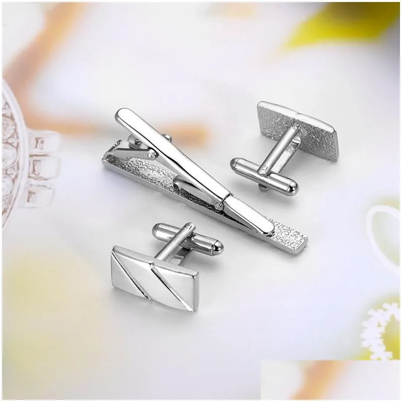 Cuff Link And Tie Clip Sets Simple Diagonal Stripe Bussiness Cufflinks For Mens Set High Quality Pin Links Men Jewelry Gifts1