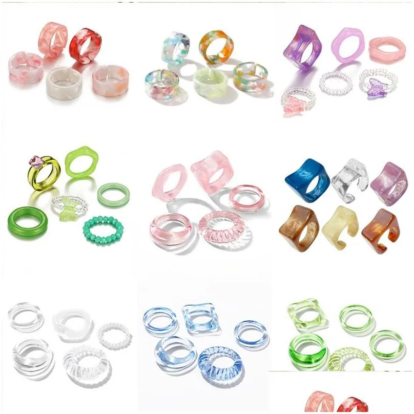 korean colorful transparent resin acrylic rings set for women trendy geometric square round ring wedding jewelry