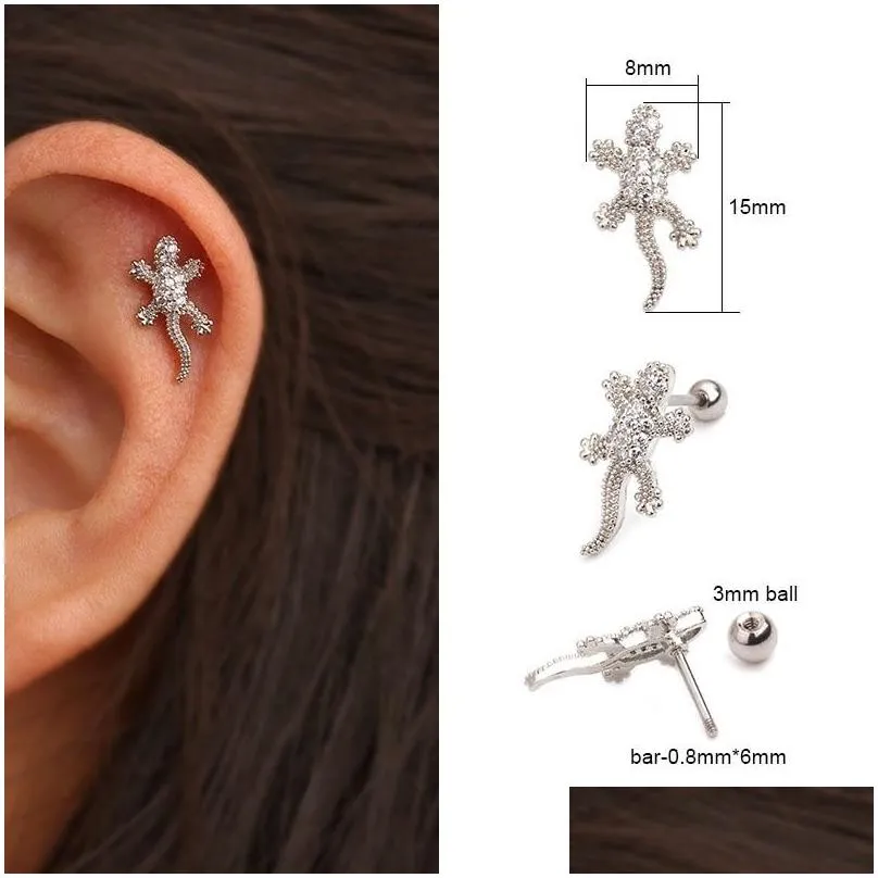 1pc cz animal gecko cartilage charm earring lizard reptile helix stud ear piercing jewelry tragus conch screw back