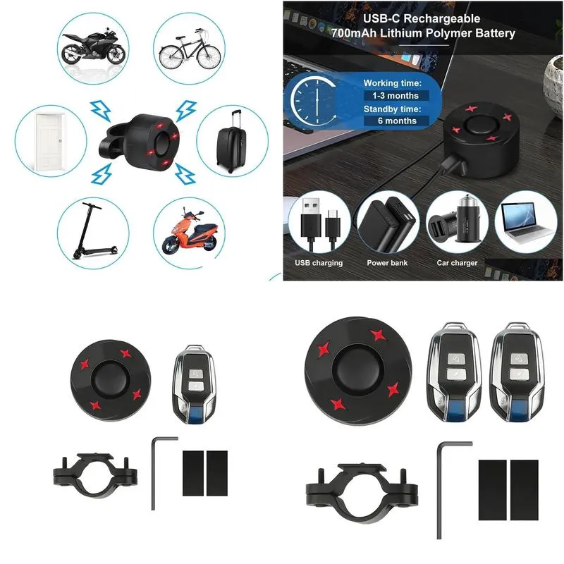 Lights USB Rechargeable Wireless Anti Theft Alarm with Remote Control Smart Bike Tail Light Alarm 110dB Brake Light Vibration Sensing