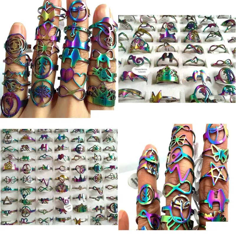 wholesale 50pcs rainbow cut mix stainless steel rings women girls jewelry gift acier bague edelstahlringe