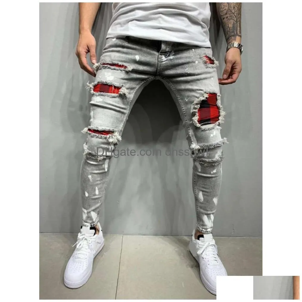 2024 spring festival does not close. mens distressed printed withes and elastic small leg jeans