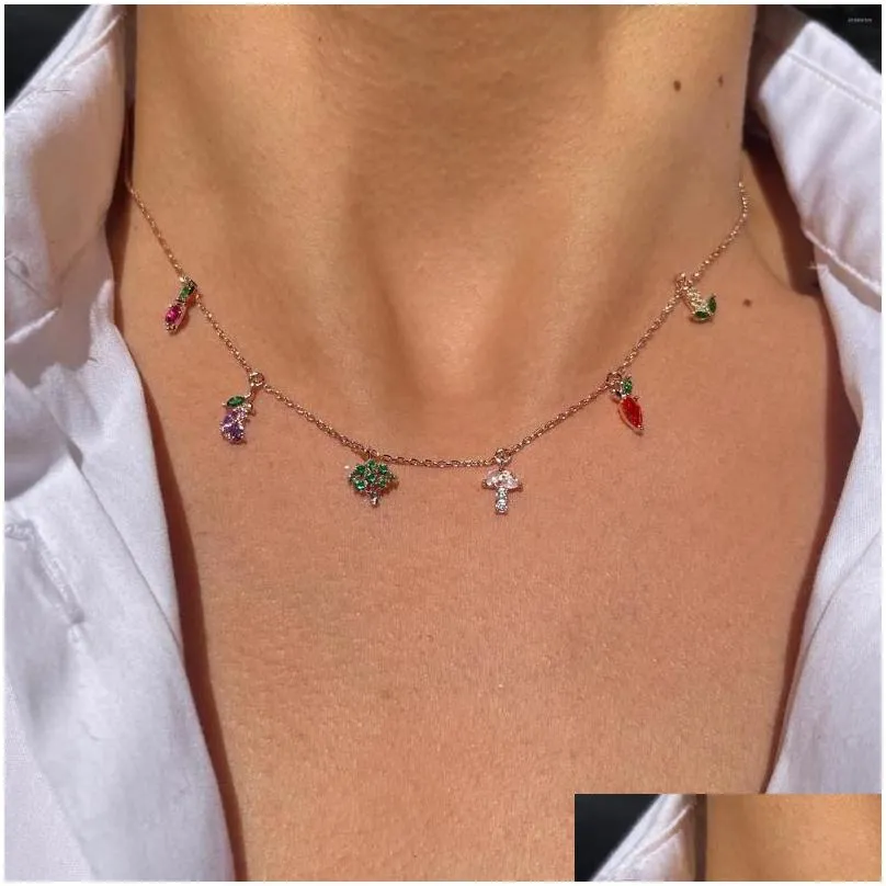 Pendant Necklaces Gold-plated Ins Vintage Garden Vegetable Cute Colorful Zircon Mushroom Crystal For Women Girl Fashion Jewelry