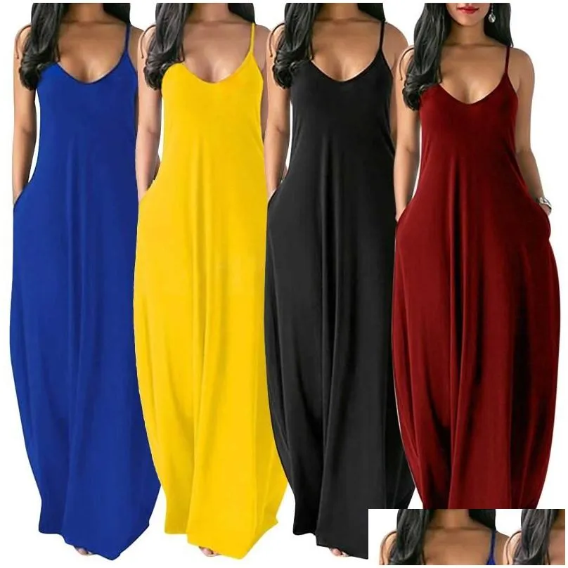 Basic & Casual Dresses 2021 Summer Women Plus Size Dresse Womens Y V-Neck Sleeveless Spaghetti Strap Sundress Ladies Solid Color Long Dhdpy