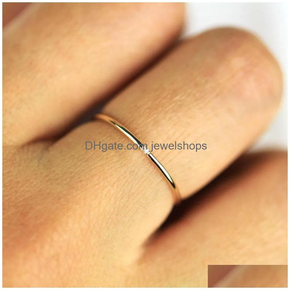 minimalist diamond ring, 14k gold diamond band, 1mm full round thin ring with 1, 2 or 3 stones .95 mm diamond, wedding engagement ring