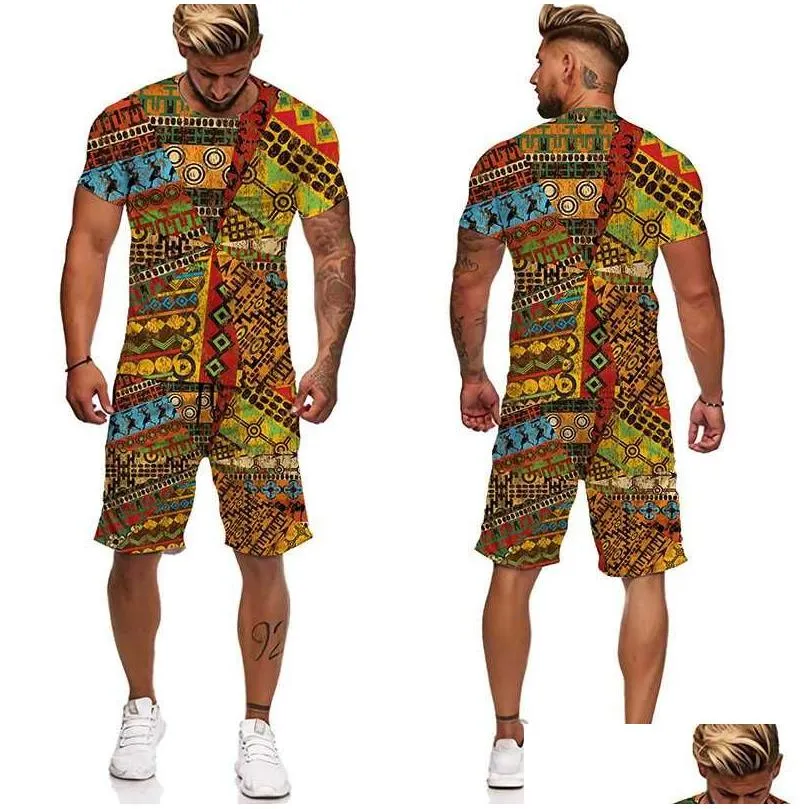 Men`S Tracksuits Mens African 3D Printing Women/Men Fashion T-Shirt Suit Retro Style Running Exercise Leisure Sports Summer Drop Deli Dhq9T