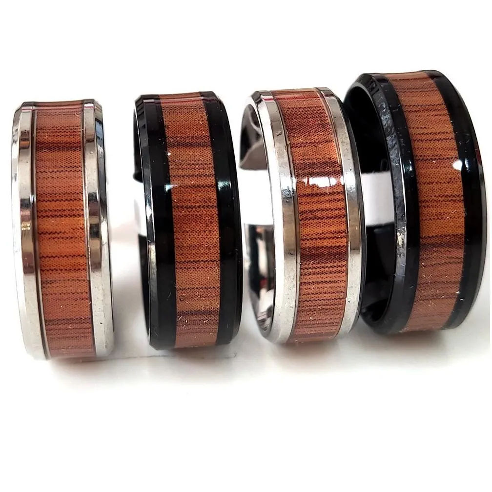 bulk lots 50pcs unique silver black ring 8mm comfort-fit wood grain inlay stainless steel ring