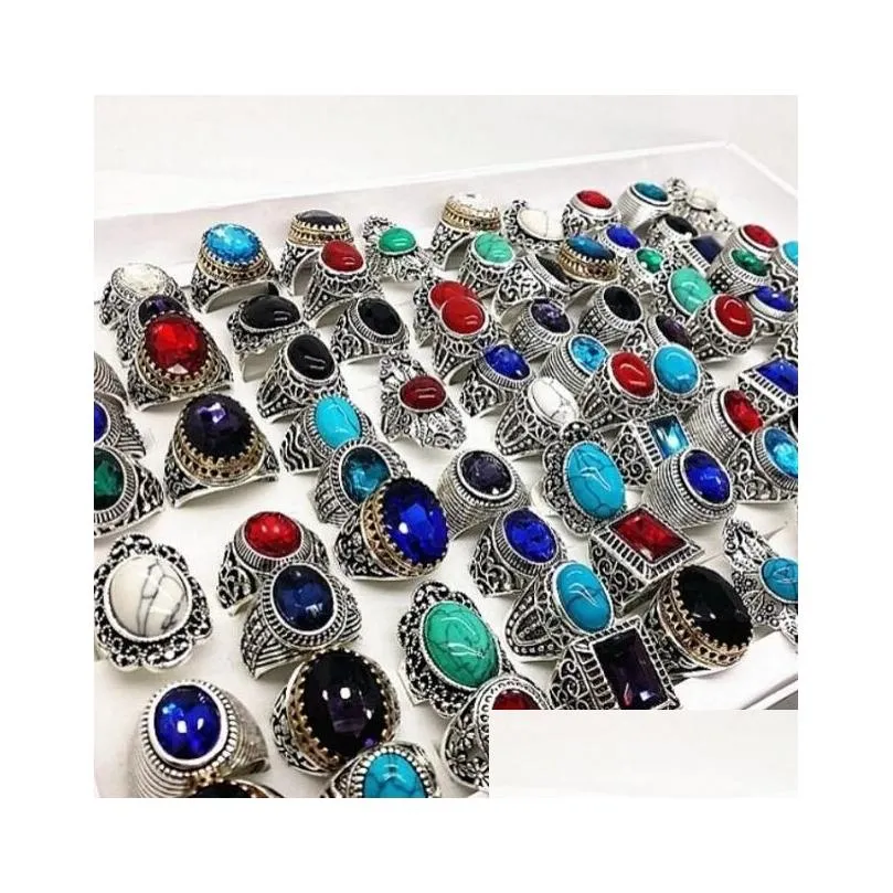 20pcs/pack mix style antique silver mens womens fashion jewelry rings vintage stone gemstone ring party gift wholesale