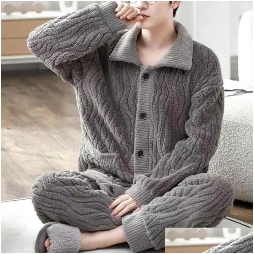 Men`s Sleepwear Men Winter Pajamas Set Thickened Cozy Homewear Plush Lapel Pajama With Elastic Waist Water Wave For