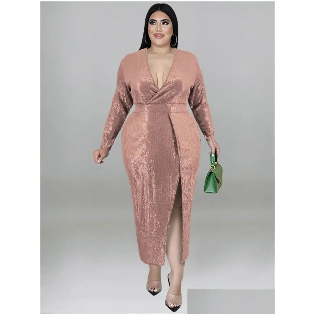 Plus size Dresses Wmstar Size Women Clothing Sequins Party Fall V Neck Bodycon Elegant Sexy Evening Midi Dress Wholesale Drop 231127