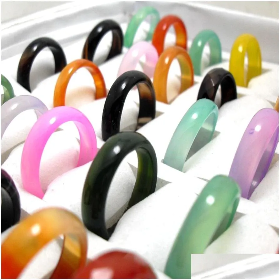 wholesale lots 50pcs smooth surface cute ring punk finger ring colorful men women`s agate stone rings