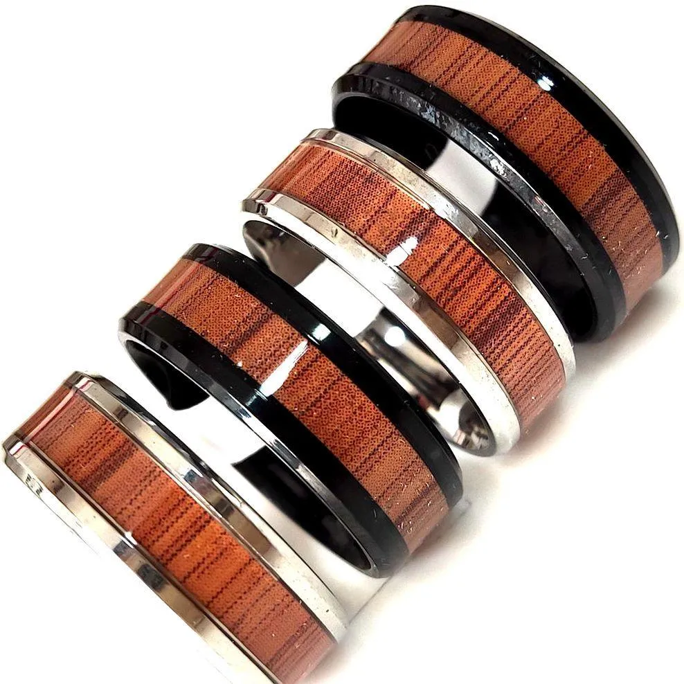 bulk lots 50pcs unique silver black ring 8mm comfort-fit wood grain inlay stainless steel ring