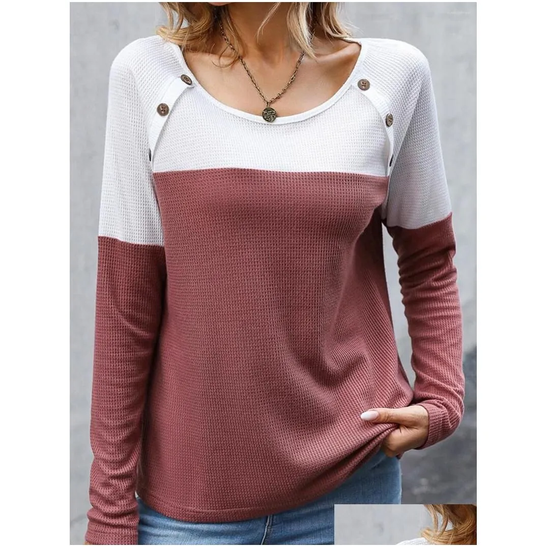 Women`s T Shirts 2023 Autumn Winter Color Block Button Long Sleeve Blouse Women Casual Loose Elegant Gorgeous Extraordinary Simple