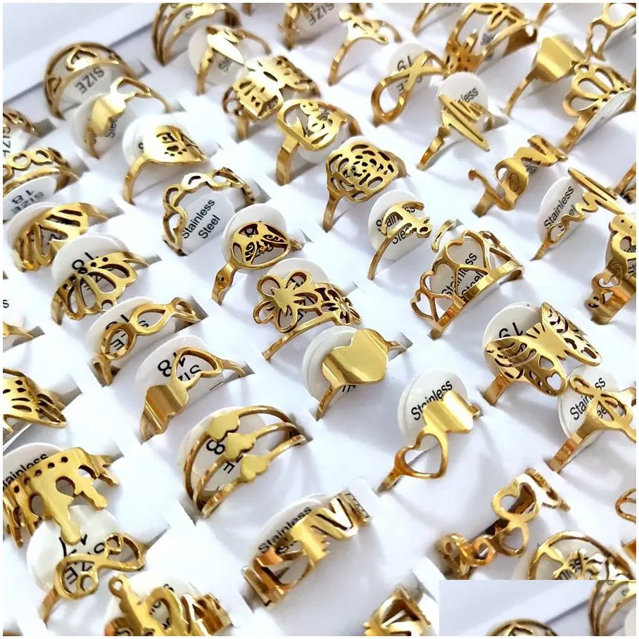 100pcs/lot laser cutting rings for women styles mix gold stainless steel charm ring girls birthday party favor female beautiful jewelry wholeale