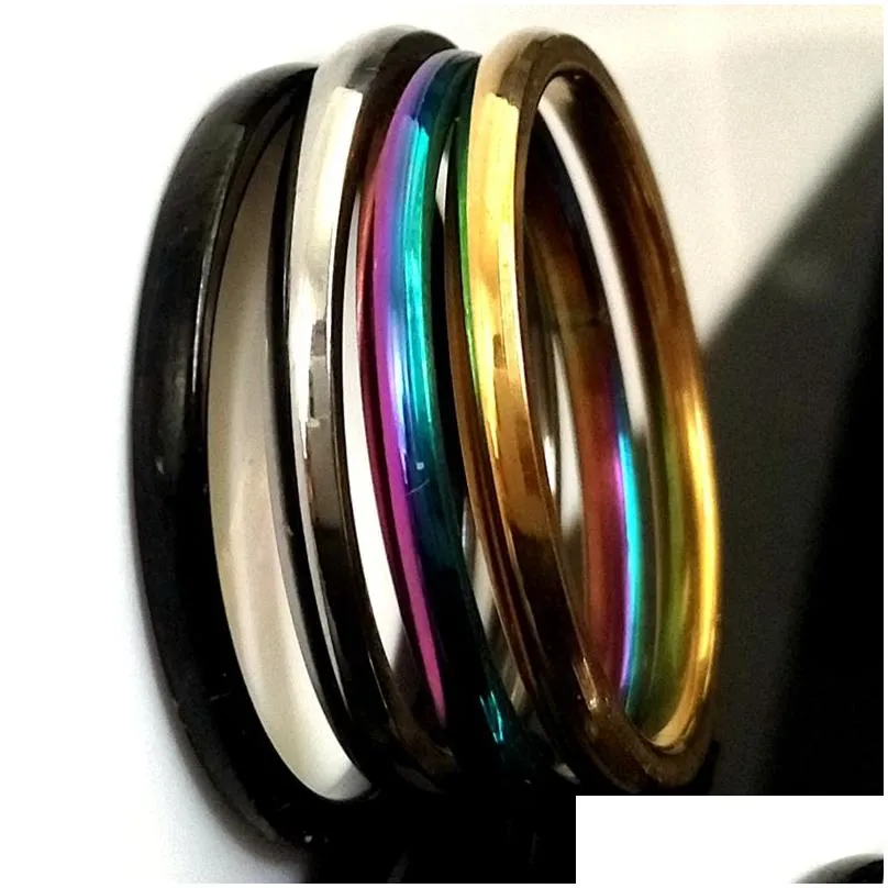 50pcs width 2mm gold/silver/black/rainbow mix stainless steel band ring comfort-fit wedding engagement classic ring unisex jewelry