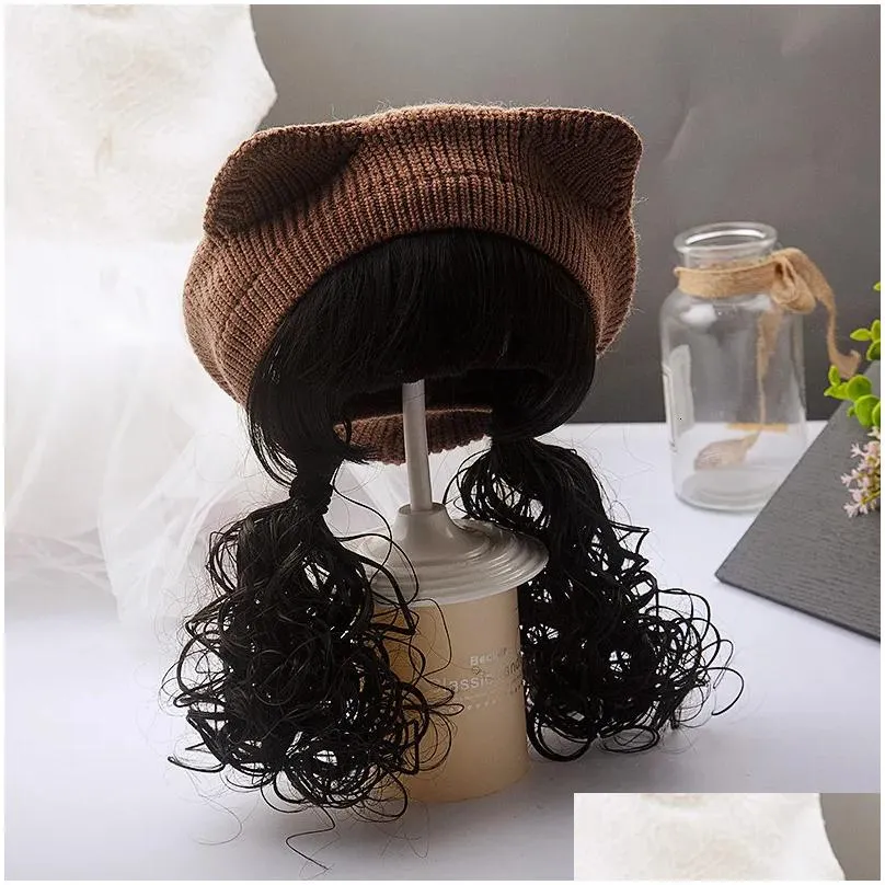 Keepsakes Topi Baret Rajut Anak Perempuan Wig Kepang Rambut Panjang Mode Musim Gugur Dingin dan Bayi Anak anak Luar Ruangan Gratis Ongkir