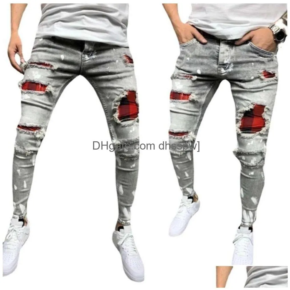 2024 spring festival does not close. mens distressed printed withes and elastic small leg jeans