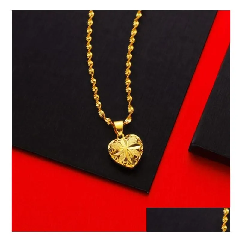 classical women jewelry real 18 k gold&heart design pendant necklace 16-30 inch water wave chain