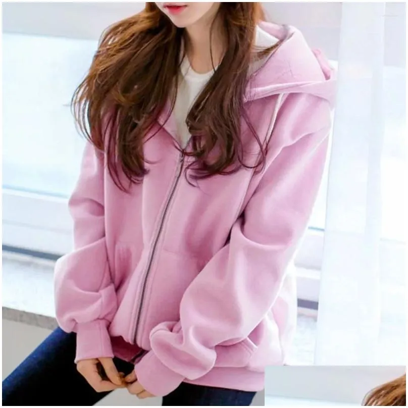 Women`s Hoodies Autumn Winter Women Hooded Fleece Sweatshirt Long Sleeve Loose Casual Zipper Pockets Solid Jacket Coat Womens