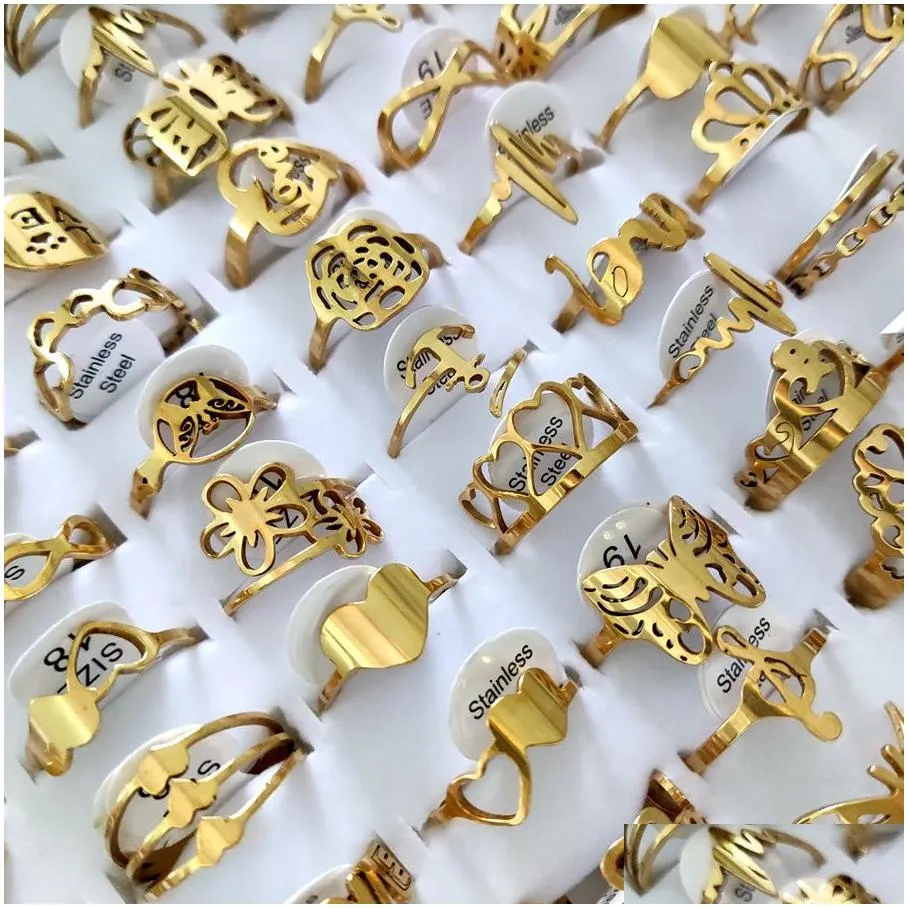 100pcs/lot laser cutting rings for women styles mix gold stainless steel charm ring girls birthday party favor female beautiful jewelry wholeale