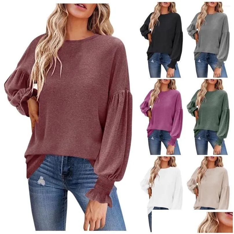 Women`s Hoodies Blouses Women Autumn Vintage Latern Sleeve Tops Female Retro Round Neck Shirt Ladies Elegant Fashion Casual Solid