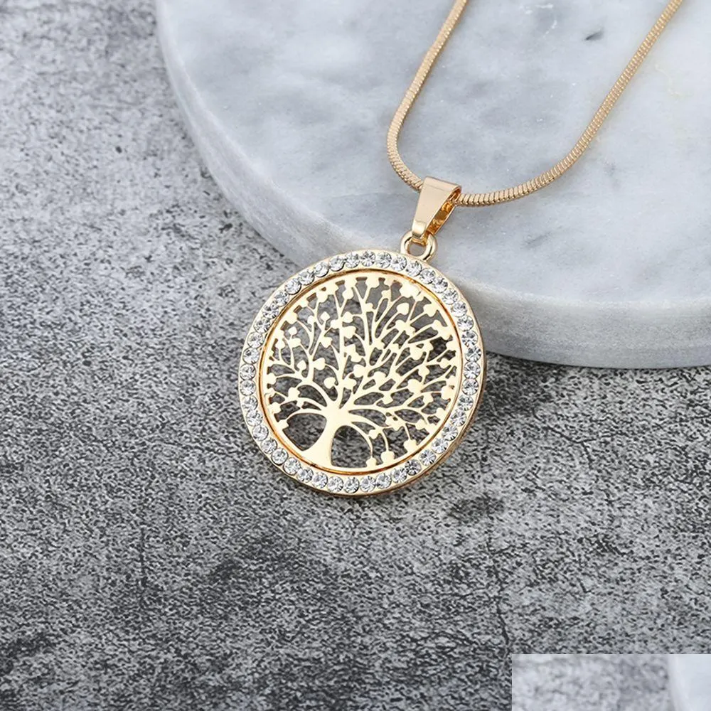 tree of life crystal round small pendant necklace gold silver rose colors elegant women jewelry gifts
