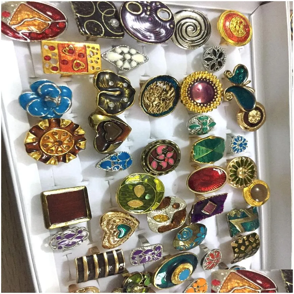 bulk lots 50pcs vintage colorful enamel alloy women rings open size bronze silver mix design assorted retro rings wholesale party