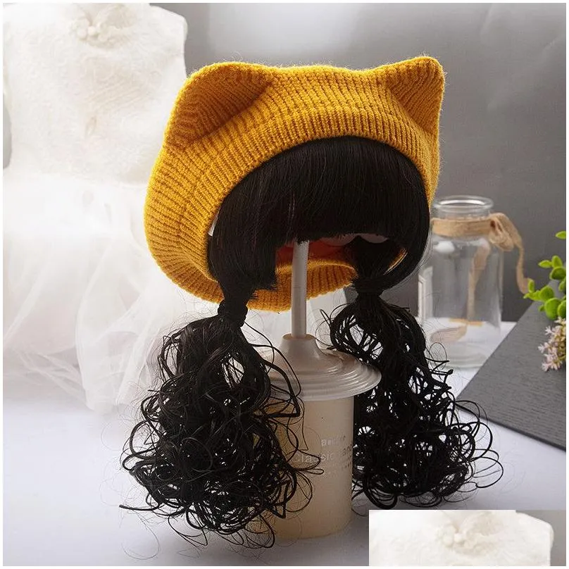 Keepsakes Topi Baret Rajut Anak Perempuan Wig Kepang Rambut Panjang Mode Musim Gugur Dingin dan Bayi Anak anak Luar Ruangan Gratis Ongkir