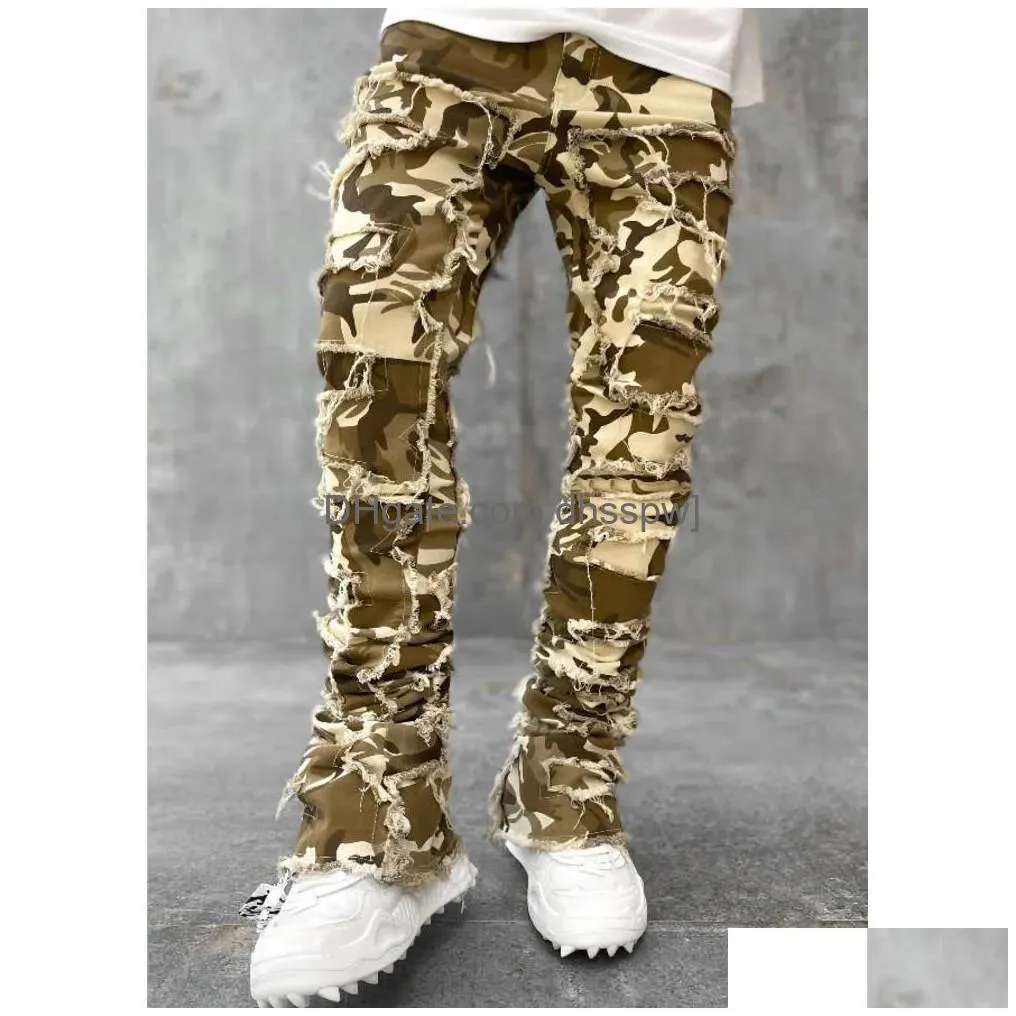  mens street fashion ins elastic denim straight leg pants