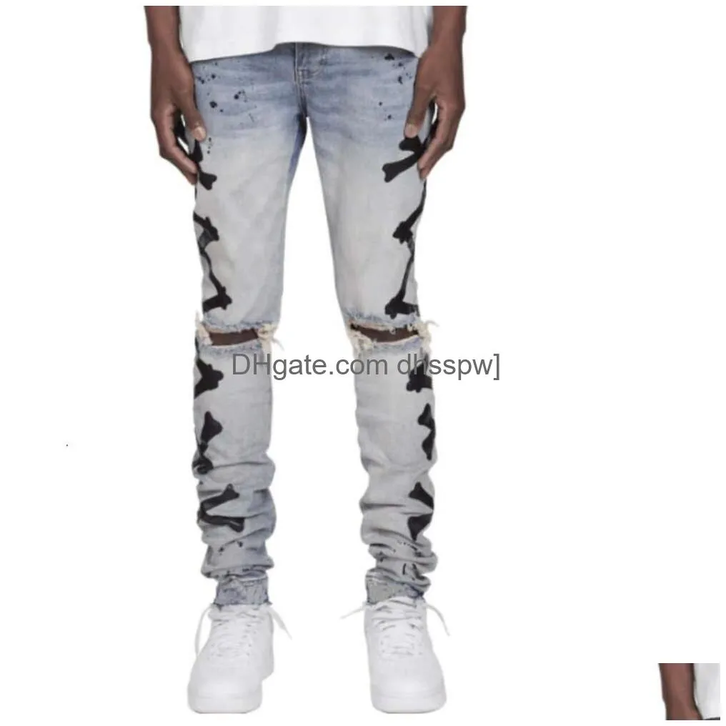 high quality 2024 mens torn hole printed elastic jeans with bone printing trend style