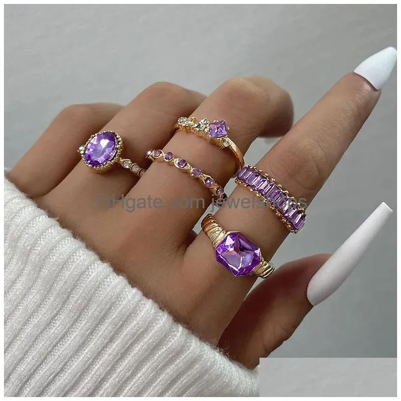 purple rhinestones ring set geometric imitation crystal bohemian rings for women vintage jewelry wedding party accessories gifts