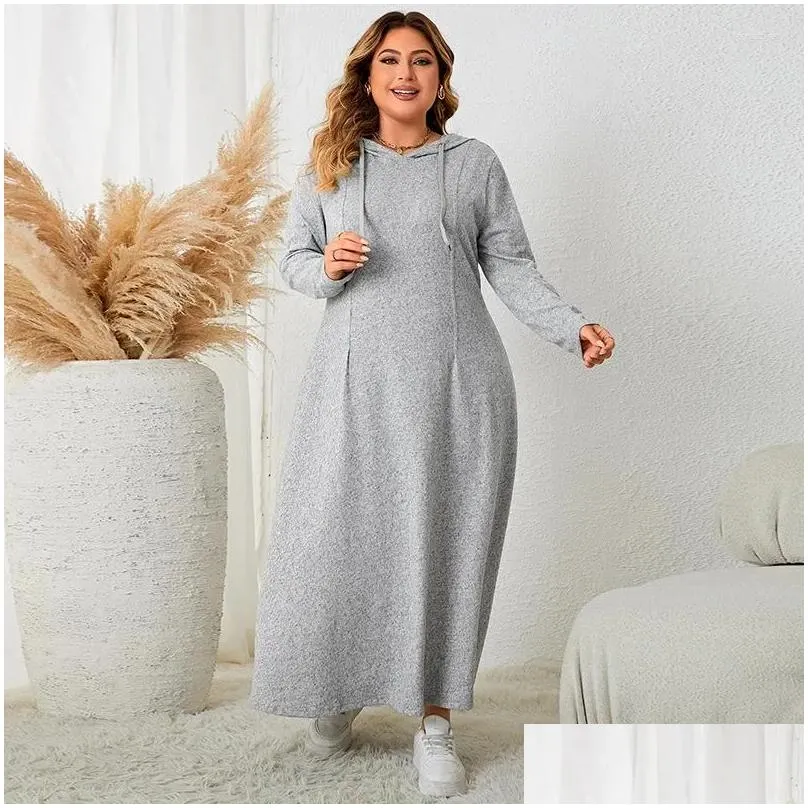 Plus Size Dresses Autumn Winter Style 3XL 4XL Women Clothing Long Sleeve Hat Solid Grey Maxi Dress Polyester Slim Hooded Casual