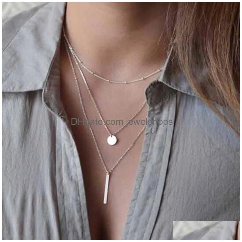 women fashion gold color 3 layers chain necklace hollow out triangle long pendant necklaces jewelry gift