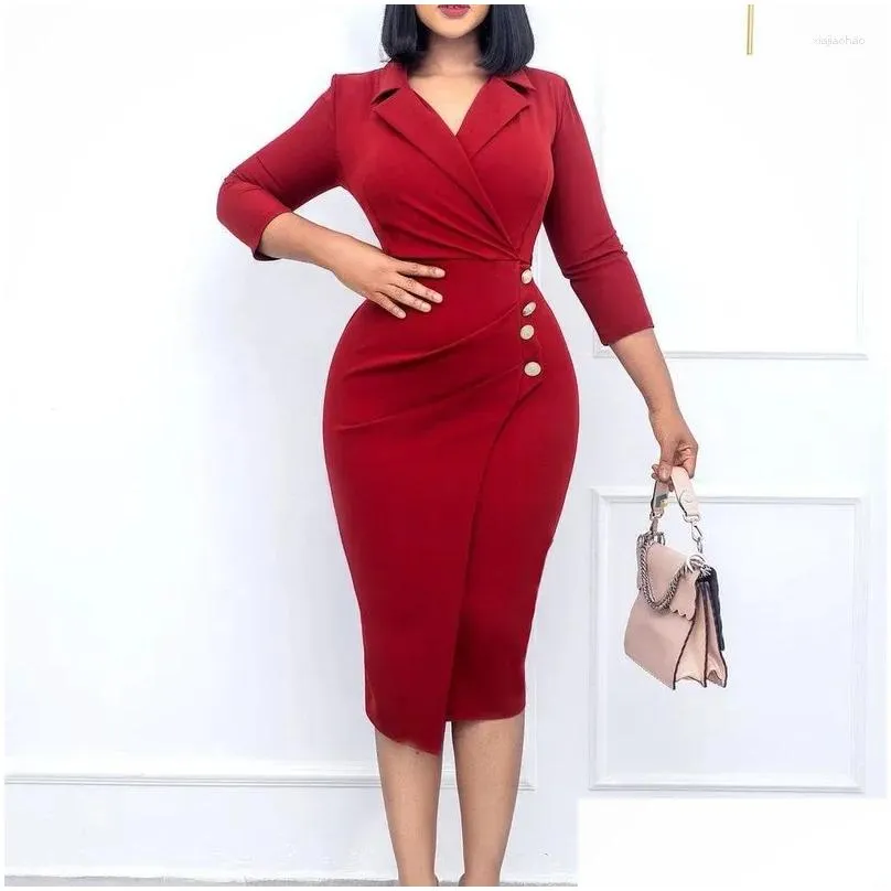 Plus Size Dresses Women Elegant Bodycon Button Three Quater Sleeves Classy Modext Office Ladies African Female Party Robes