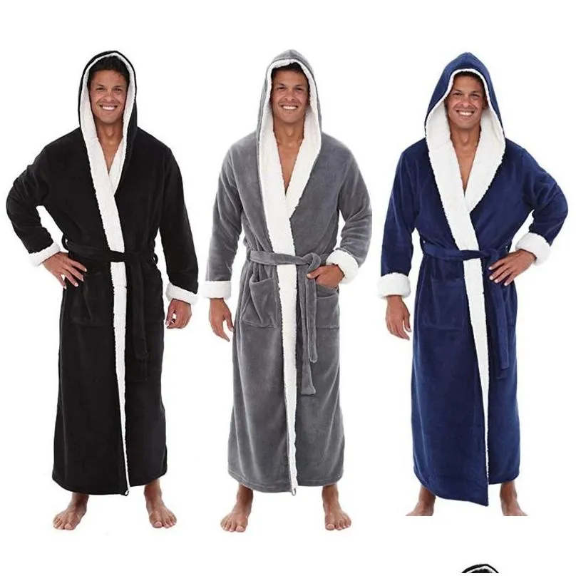 Men`s Sleepwear Men Bathrobe Winter Lengthened Plush Shawl Bath Robe Home Clothes Long Sleeved Coat Badjas #35