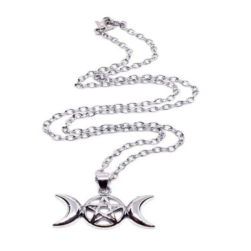 Pendant Necklaces Triple Moon Wiccan Pentacle Necklace Vintage Sier Alloy Gothic Collares Statement Women Fashion Jewelry Drop Deliv Otlyi
