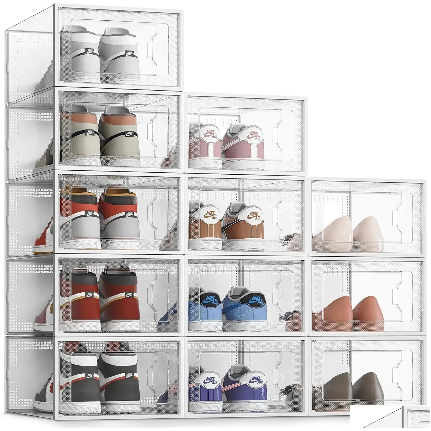 SEE SPRING Large 12 Pack Shoe Storage Box, Clear Plastic Stackable Shoe Organizer for Closet, Space Saving Foldable Shoe Rack Sneaker Container Bin