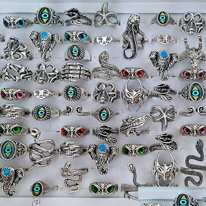 bulk lots 50pcs/lot new mix punk rock silver alloy ring for men women retro animal eyes snake fashion rings wholesale party vintage jewelry man