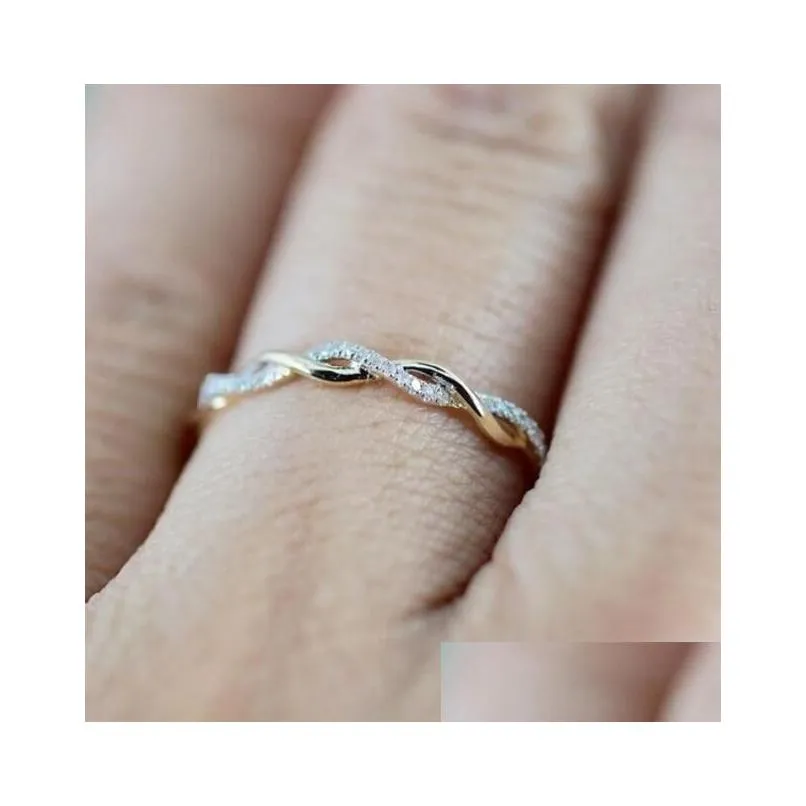 exquisite solid 14k white&yellow gold 0.06ctw round cut diamond stones anniversary twined vine infinity gemstone ring wedding bands