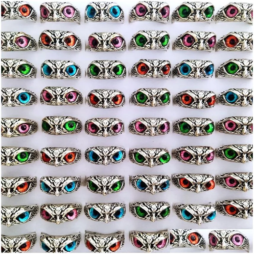 30pcs/lot new retro cute men and women charm punk owl ring vintage multi-color eyes creative jewelry party gift favor