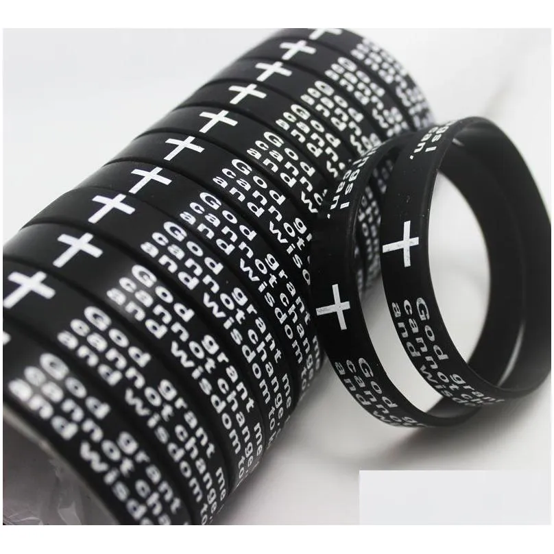 50pcs black bible jesus serenity prayer silicone bracelets men wristband women religious faith soft rubber bangle xmas gift hot sale