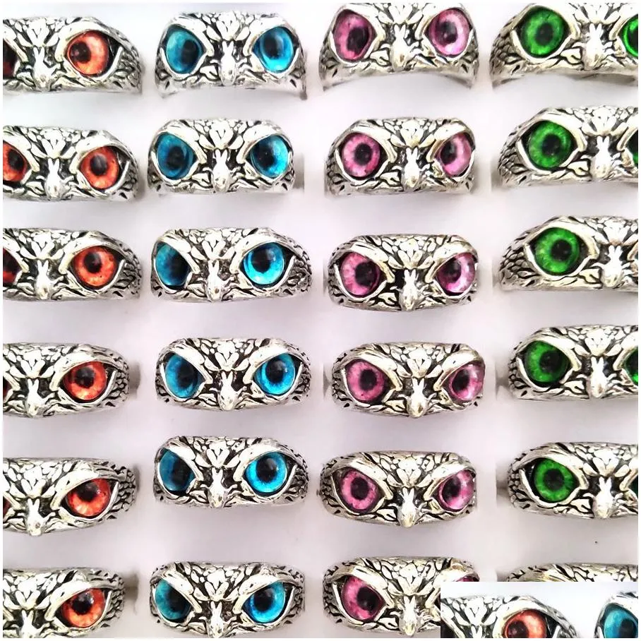 30pcs/lot new retro cute men and women charm punk owl ring vintage multi-color eyes creative jewelry party gift favor